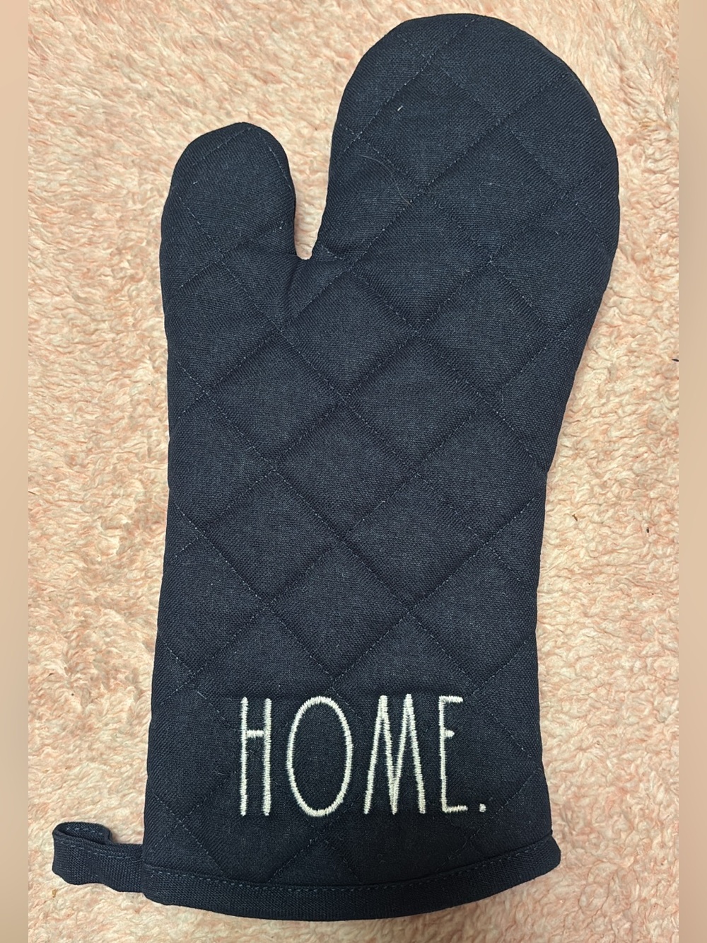 Rae Dunn Black Quilted Oven Mitt with "HOME." Embroidery